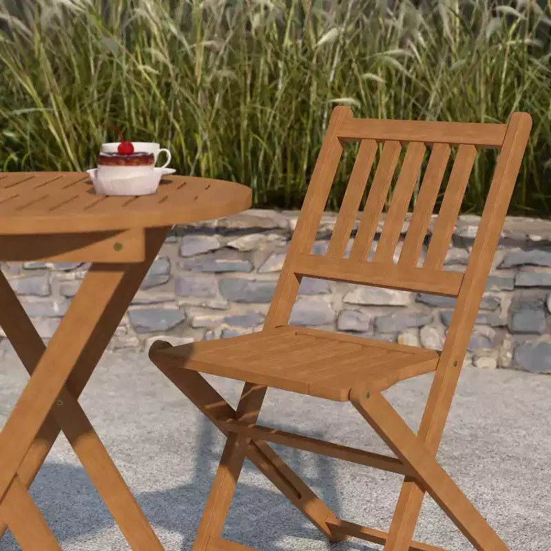 Merrick Lane Set da Bistrò Pieghevole da Tre Pezzi in Legno Massello di Acacia con Tavolo Rotondo Leggero e Due Sedie, Naturale
