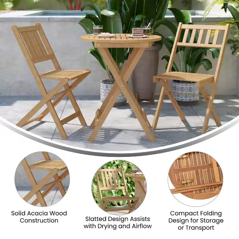 Merrick Lane Set da Bistrò Pieghevole da Tre Pezzi in Legno Massello di Acacia con Tavolo Rotondo Leggero e Due Sedie, Naturale