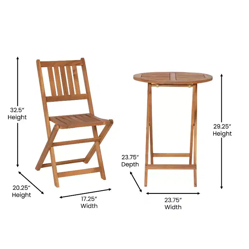 Merrick Lane Set da Bistrò Pieghevole da Tre Pezzi in Legno Massello di Acacia con Tavolo Rotondo Leggero e Due Sedie, Naturale