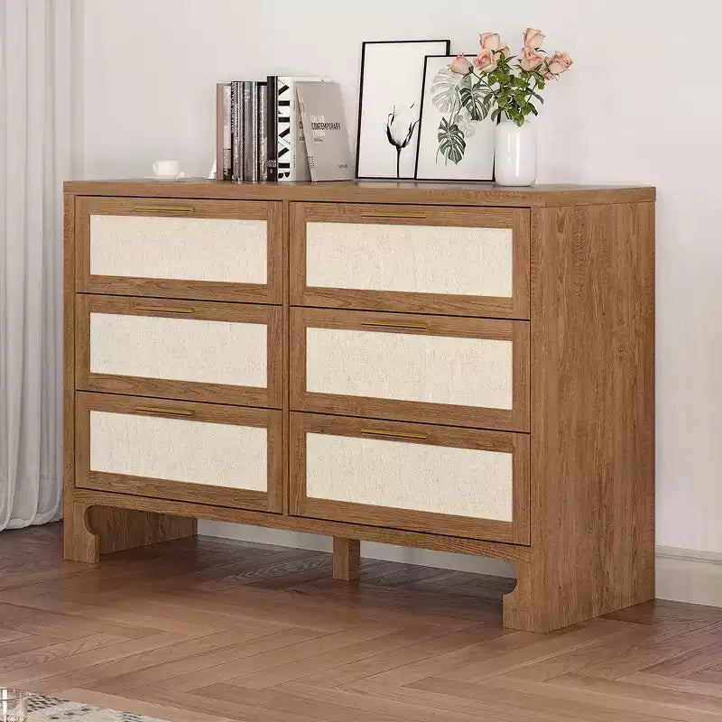 Garvee Cassettiera da Camera con 6 Cassetti, Cassettiera in Legno con Design in Tessuto Iuta per Armadio, Soggiorno, Ingresso, Asilo, Camera Bambini