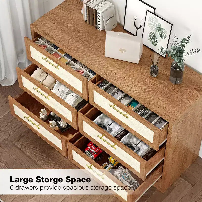 Garvee Cassettiera da Camera con 6 Cassetti, Cassettiera in Legno con Design in Tessuto Iuta per Armadio, Soggiorno, Ingresso, Asilo, Camera Bambini
