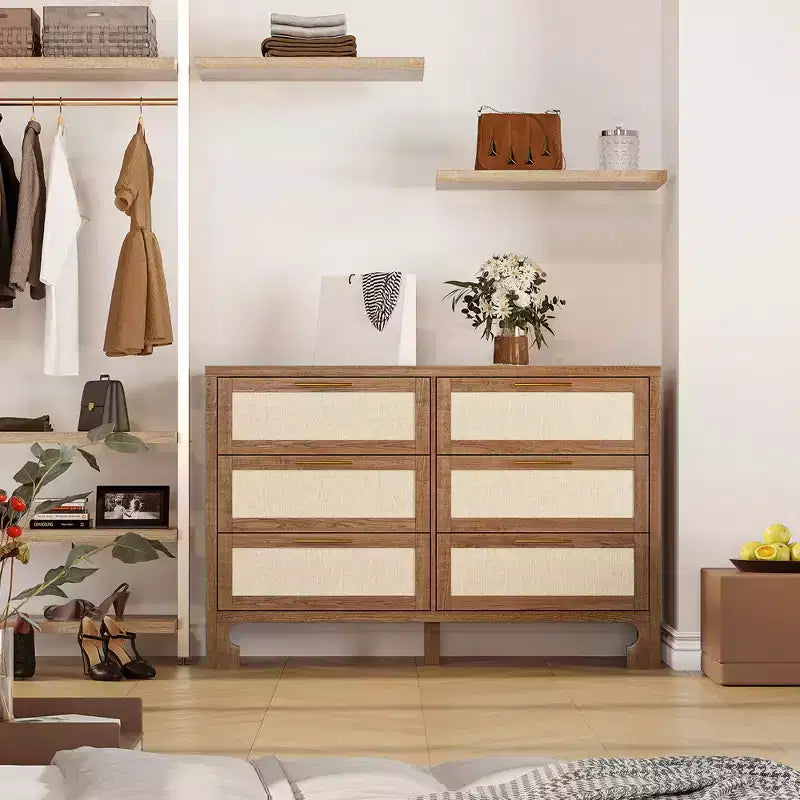 Garvee Cassettiera da Camera con 6 Cassetti, Cassettiera in Legno con Design in Tessuto Iuta per Armadio, Soggiorno, Ingresso, Asilo, Camera Bambini