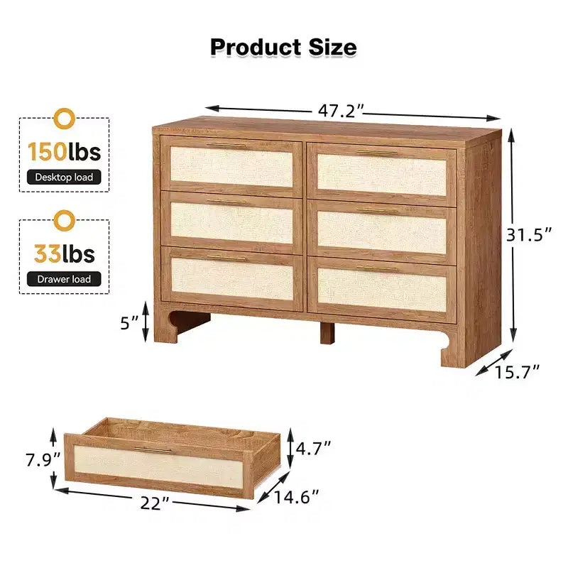 Garvee Cassettiera da Camera con 6 Cassetti, Cassettiera in Legno con Design in Tessuto Iuta per Armadio, Soggiorno, Ingresso, Asilo, Camera Bambini