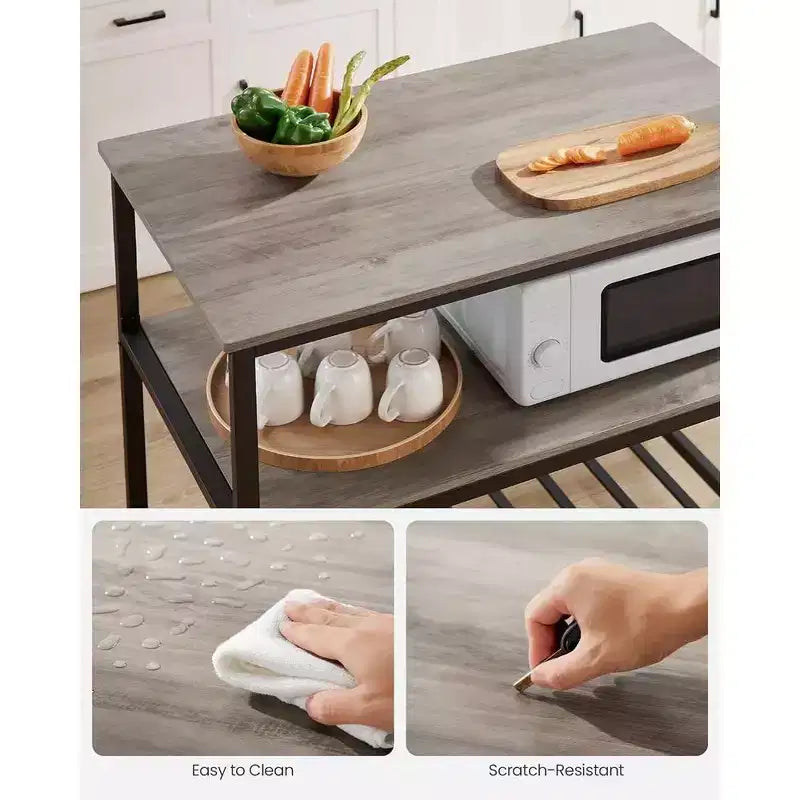 VASAGLE Isola Cucina a 3 Livelli, Scaffale Cucina da 100 cm con Ampio Piano di Lavoro, Industriale, Marrone Rustico e Nero