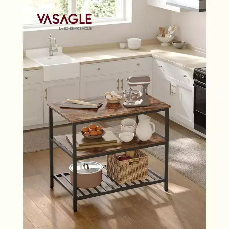VASAGLE Isola Cucina a 3 Livelli, Scaffale Cucina da 100 cm con Ampio Piano di Lavoro, Industriale, Marrone Rustico e Nero