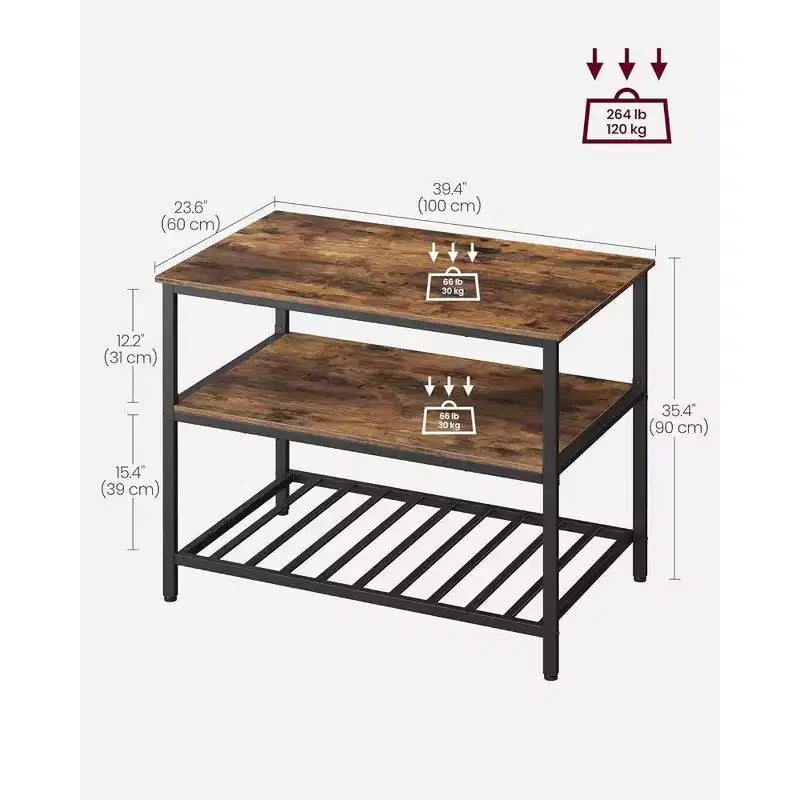 VASAGLE Isola Cucina a 3 Livelli, Scaffale Cucina da 100 cm con Ampio Piano di Lavoro, Industriale, Marrone Rustico e Nero