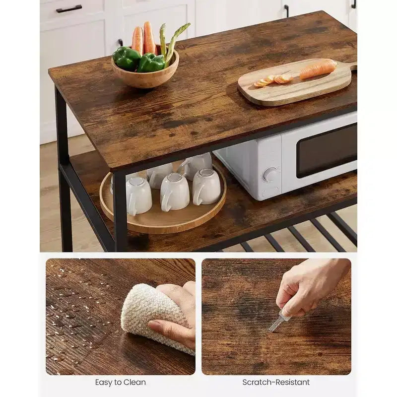 VASAGLE Isola Cucina a 3 Livelli, Scaffale Cucina da 100 cm con Ampio Piano di Lavoro, Industriale, Marrone Rustico e Nero
