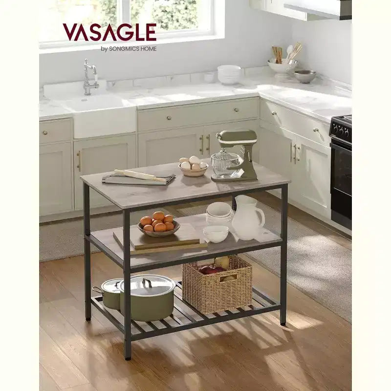VASAGLE Isola Cucina a 3 Livelli, Scaffale Cucina da 100 cm con Ampio Piano di Lavoro, Industriale, Marrone Rustico e Nero
