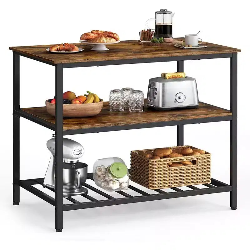 VASAGLE Isola Cucina a 3 Livelli, Scaffale Cucina da 100 cm con Ampio Piano di Lavoro, Industriale, Marrone Rustico e Nero