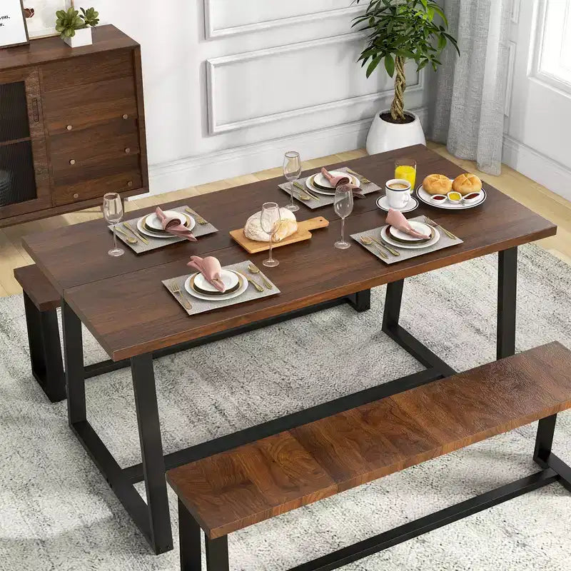 Costway Tavolo da Pranzo Grande 160 cm per 4-6 Persone con Telaio Robusto in Metallo Moderno Nero/Caffè