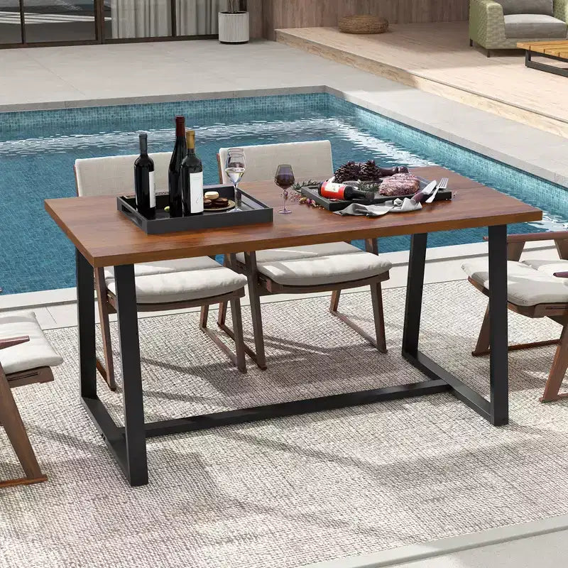 Costway Tavolo da Pranzo Grande 160 cm per 4-6 Persone con Telaio Robusto in Metallo Moderno Nero/Caffè