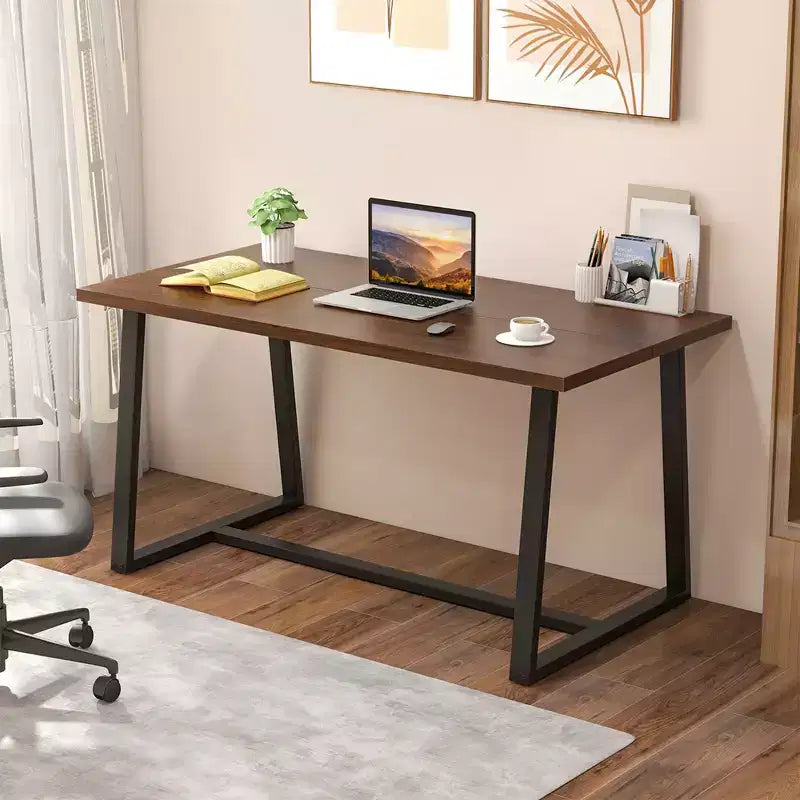 Costway Tavolo da Pranzo Grande 160 cm per 4-6 Persone con Telaio Robusto in Metallo Moderno Nero/Caffè