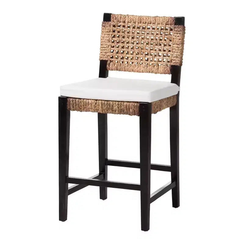 Sgabello da bancone Alise Modern Bohemian Dark Brown in legno di mogano e giunco marino di bali & pari