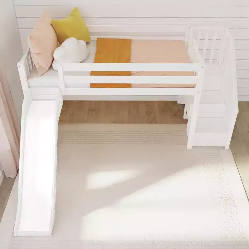 Max & Lily Letto a soppalco basso con scivolo e scale per bambini, in legno massello, con 14 sponde protettive