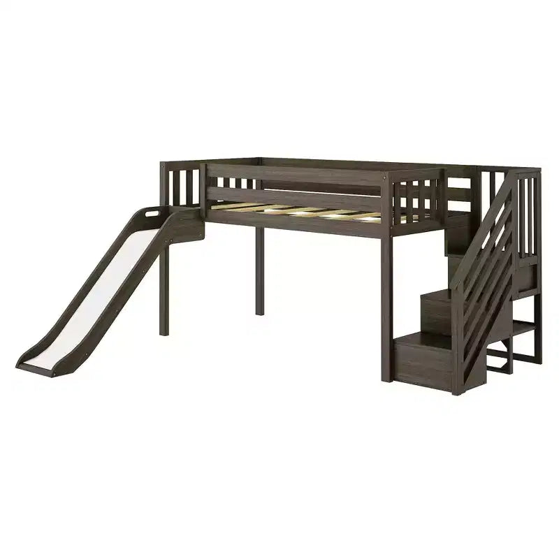 Max & Lily Letto a soppalco basso con scivolo e scale per bambini, in legno massello, con 14 sponde protettive