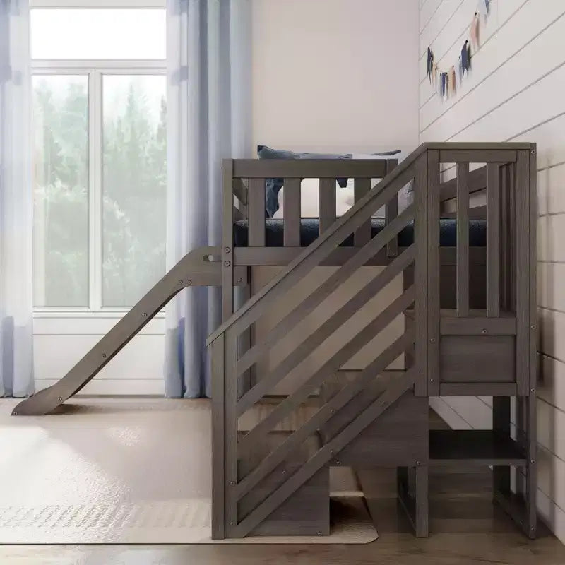 Max & Lily Letto a soppalco basso con scivolo e scale per bambini, in legno massello, con 14 sponde protettive