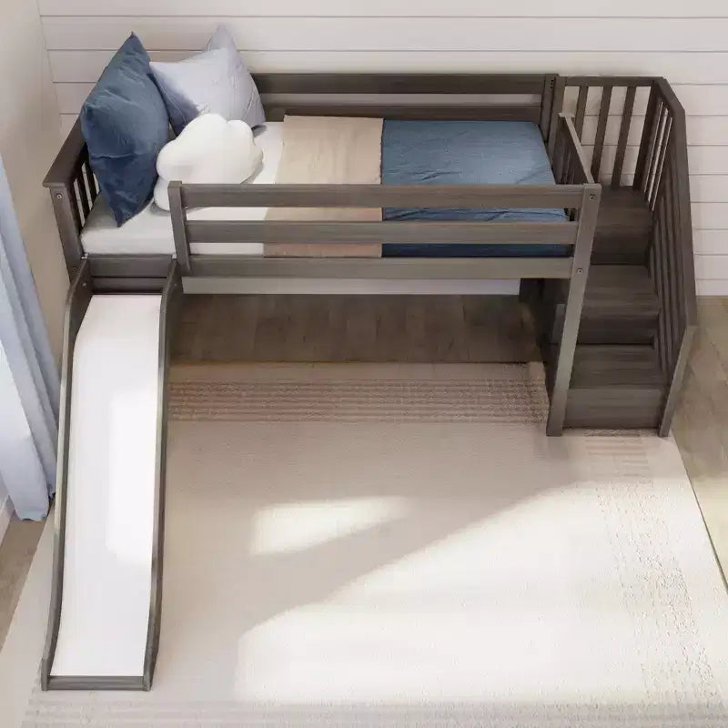 Max & Lily Letto a soppalco basso con scivolo e scale per bambini, in legno massello, con 14 sponde protettive