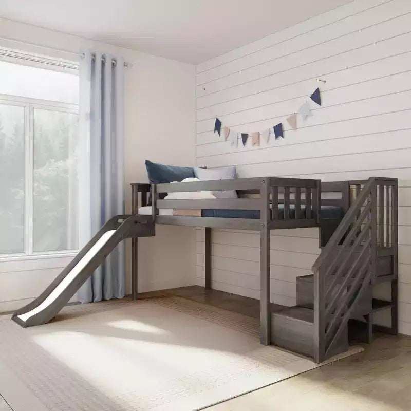 Max & Lily Letto a soppalco basso con scivolo e scale per bambini, in legno massello, con 14 sponde protettive