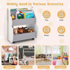 Costway Libreria per Bambini in Legno con Ruote, Scaffale Porta Giocattoli a 2 Ripiani, Libreria Fronte/Retro, Grigio/Naturale