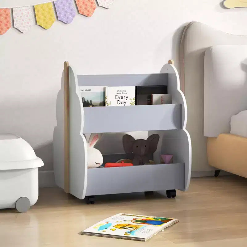 Costway Libreria per Bambini in Legno con Ruote, Scaffale Porta Giocattoli a 2 Ripiani, Libreria Fronte/Retro, Grigio/Naturale