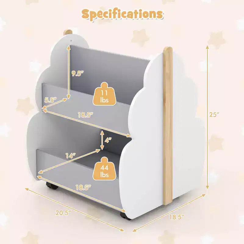 Costway Libreria per Bambini in Legno con Ruote, Scaffale Porta Giocattoli a 2 Ripiani, Libreria Fronte/Retro, Grigio/Naturale