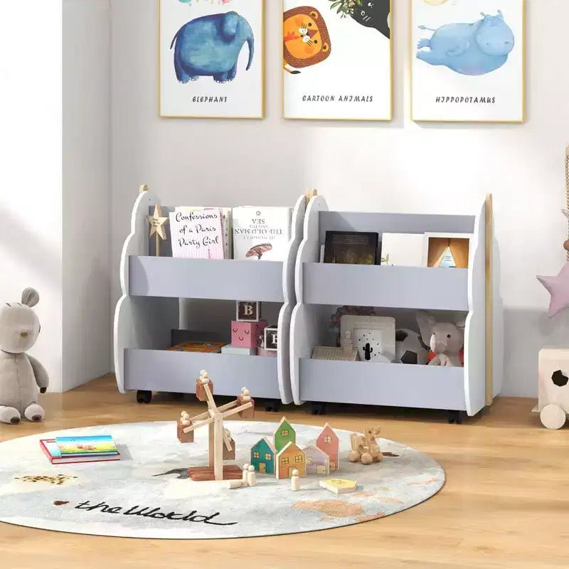 Costway Libreria per Bambini in Legno con Ruote, Scaffale Porta Giocattoli a 2 Ripiani, Libreria Fronte/Retro, Grigio/Naturale