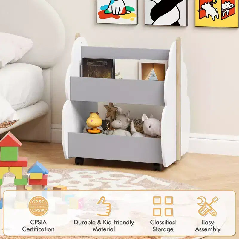 Costway Libreria per Bambini in Legno con Ruote, Scaffale Porta Giocattoli a 2 Ripiani, Libreria Fronte/Retro, Grigio/Naturale