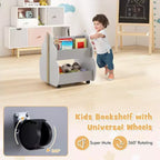 Costway Libreria per Bambini in Legno con Ruote, Scaffale Porta Giocattoli a 2 Ripiani, Libreria Fronte/Retro, Grigio/Naturale