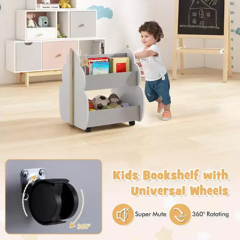 Costway Libreria per Bambini in Legno con Ruote, Scaffale Porta Giocattoli a 2 Ripiani, Libreria Fronte/Retro, Grigio/Naturale