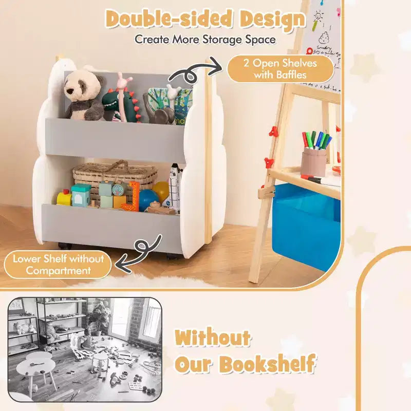 Costway Libreria per Bambini in Legno con Ruote, Scaffale Porta Giocattoli a 2 Ripiani, Libreria Fronte/Retro, Grigio/Naturale