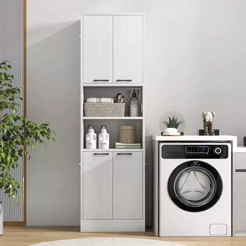 Mobiletto da bagno Costway alto 190 cm con 4 ante e 2 scomparti aperti, autoportante, nero/bianco