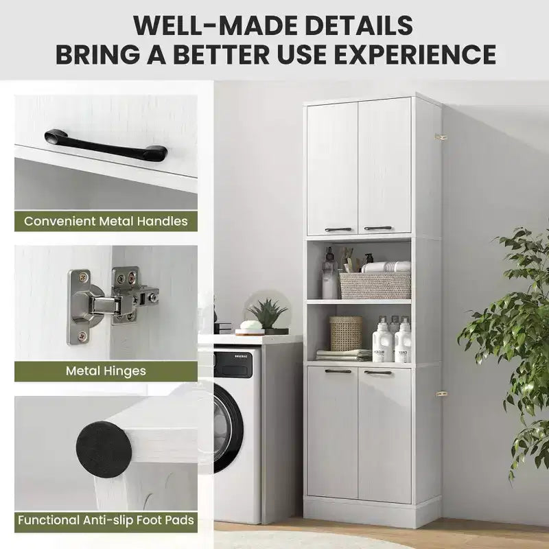 Mobiletto da bagno Costway alto 190 cm con 4 ante e 2 scomparti aperti, autoportante, nero/bianco
