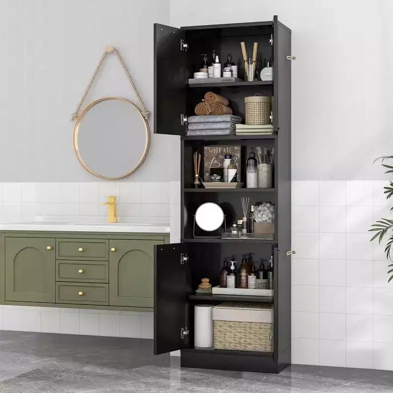 Mobiletto da bagno Costway alto 190 cm con 4 ante e 2 scomparti aperti, autoportante, nero/bianco