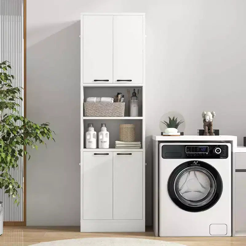 Mobiletto da bagno Costway alto 190 cm con 4 ante e 2 scomparti aperti, autoportante, nero/bianco