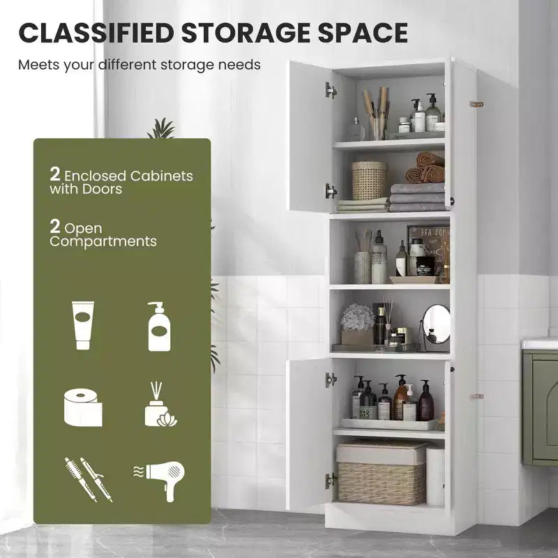 Mobiletto da bagno Costway alto 190 cm con 4 ante e 2 scomparti aperti, autoportante, nero/bianco