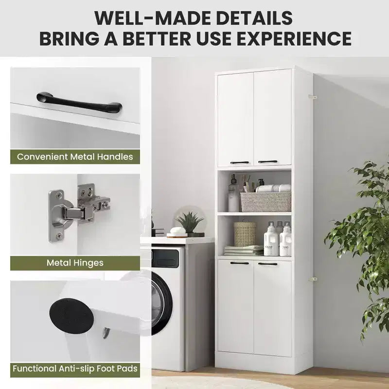 Mobiletto da bagno Costway alto 190 cm con 4 ante e 2 scomparti aperti, autoportante, nero/bianco