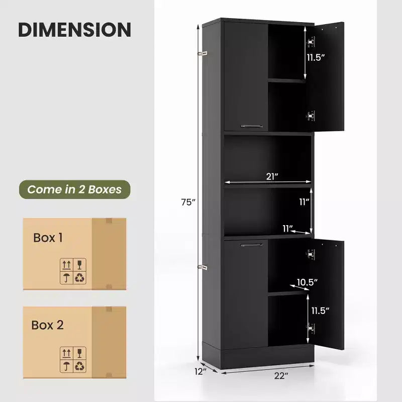 Mobiletto da bagno Costway alto 190 cm con 4 ante e 2 scomparti aperti, autoportante, nero/bianco
