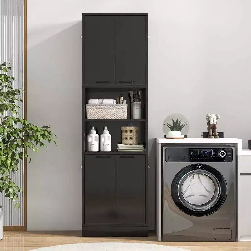 Mobiletto da bagno Costway alto 190 cm con 4 ante e 2 scomparti aperti, autoportante, nero/bianco