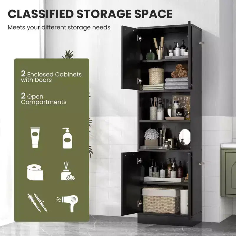 Mobiletto da bagno Costway alto 190 cm con 4 ante e 2 scomparti aperti, autoportante, nero/bianco