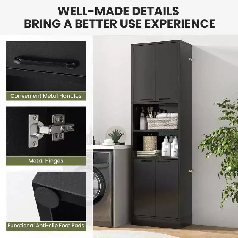 Mobiletto da bagno Costway alto 190 cm con 4 ante e 2 scomparti aperti, autoportante, nero/bianco