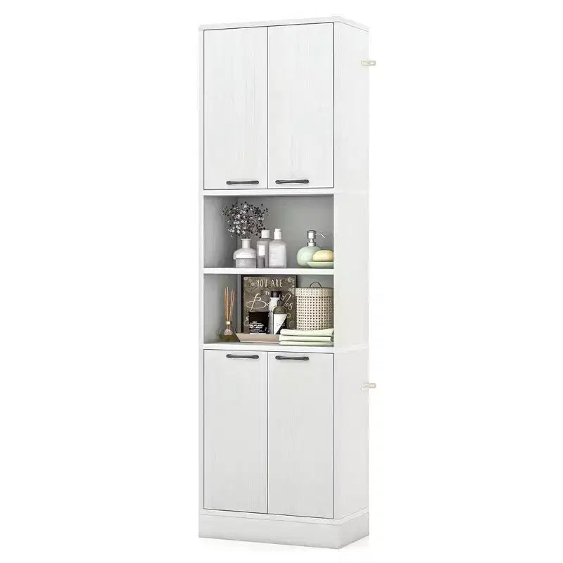 Mobiletto da bagno Costway alto 190 cm con 4 ante e 2 scomparti aperti, autoportante, nero/bianco