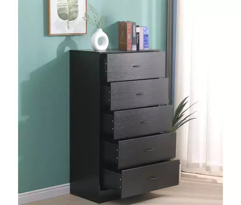 Cassettiera alta a 5 cassetti per camera da letto, cassettiera da 125,5 cm in legno MDF con finitura nera