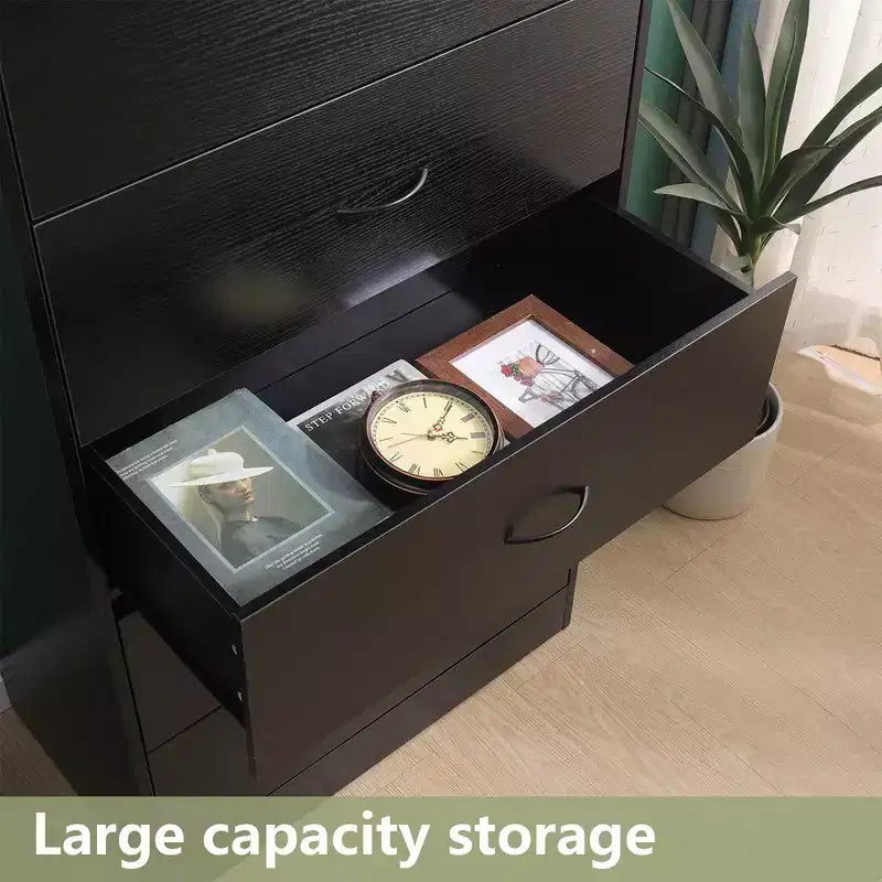 Cassettiera alta a 5 cassetti per camera da letto, cassettiera da 125,5 cm in legno MDF con finitura nera