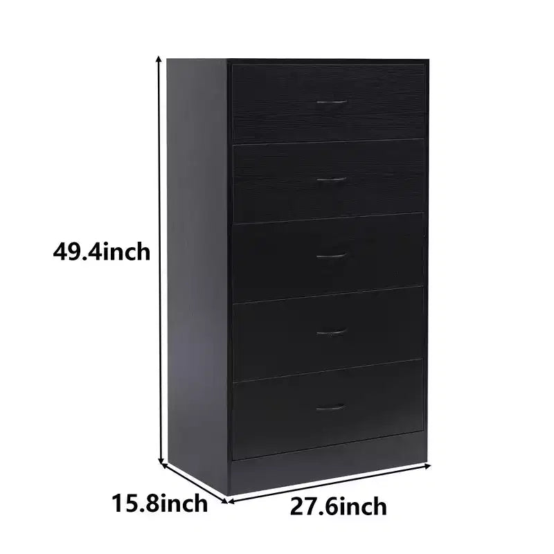 Cassettiera alta a 5 cassetti per camera da letto, cassettiera da 125,5 cm in legno MDF con finitura nera