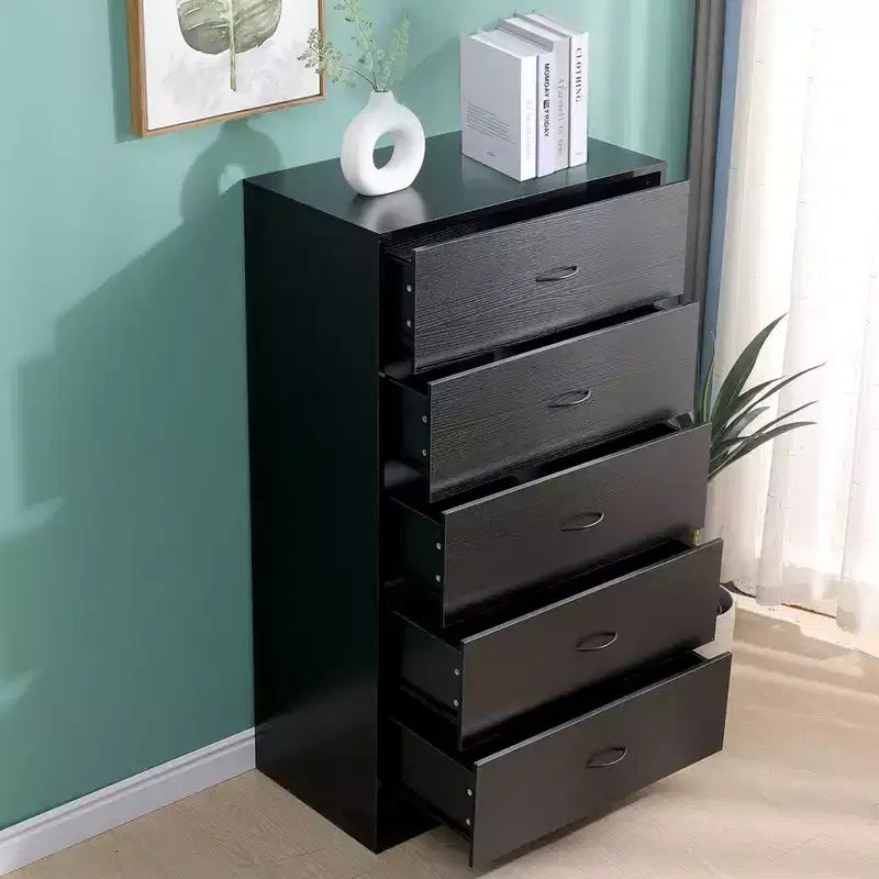 Cassettiera alta a 5 cassetti per camera da letto, cassettiera da 125,5 cm in legno MDF con finitura nera