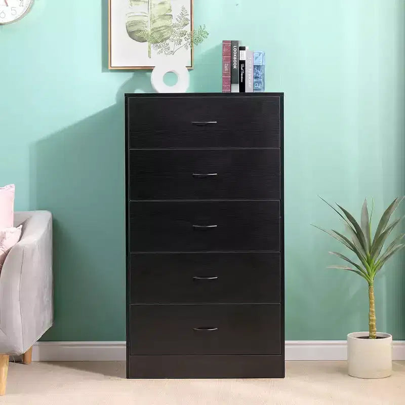 Cassettiera alta a 5 cassetti per camera da letto, cassettiera da 125,5 cm in legno MDF con finitura nera