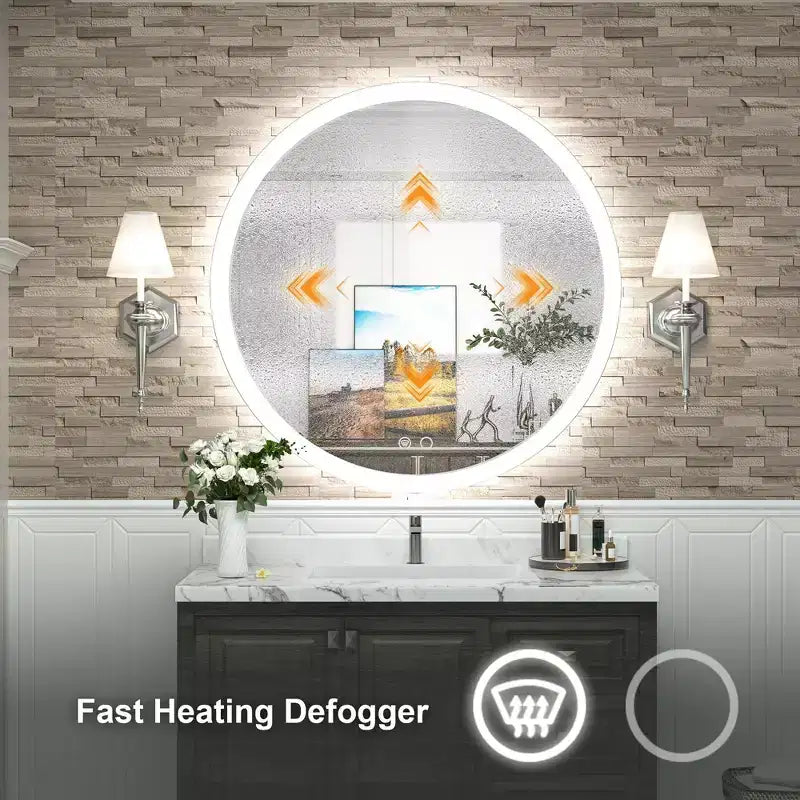 Specchio da bagno da parete rotondo a LED Keonjinn, 3 temperature di colore dimmerabili, anti-appannamento