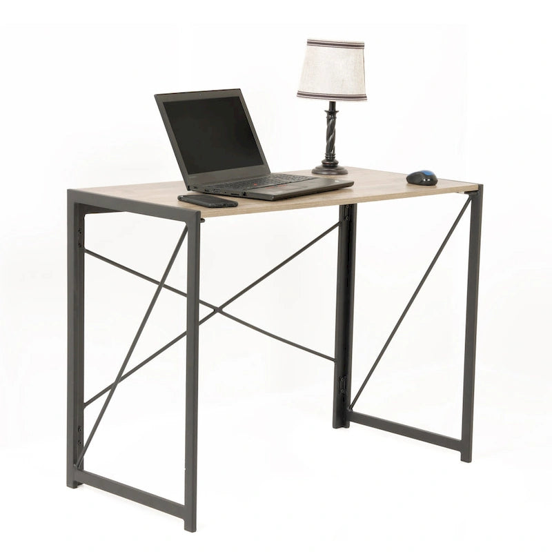 Scrivania con struttura in metallo e piano in laminato effetto legno, montaggio senza attrezzi