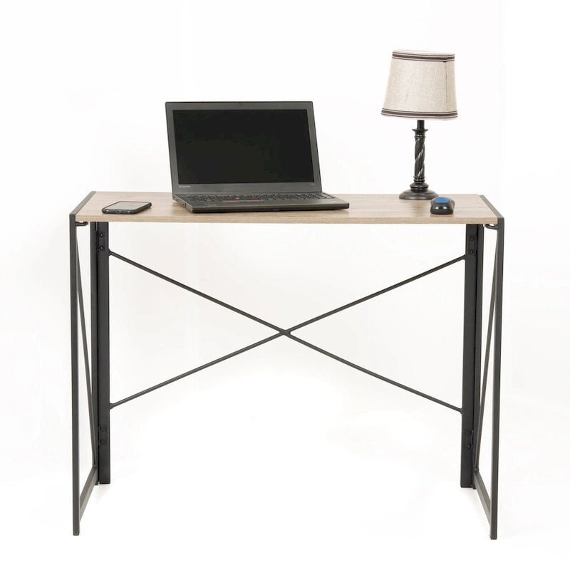 Scrivania con struttura in metallo e piano in laminato effetto legno, montaggio senza attrezzi