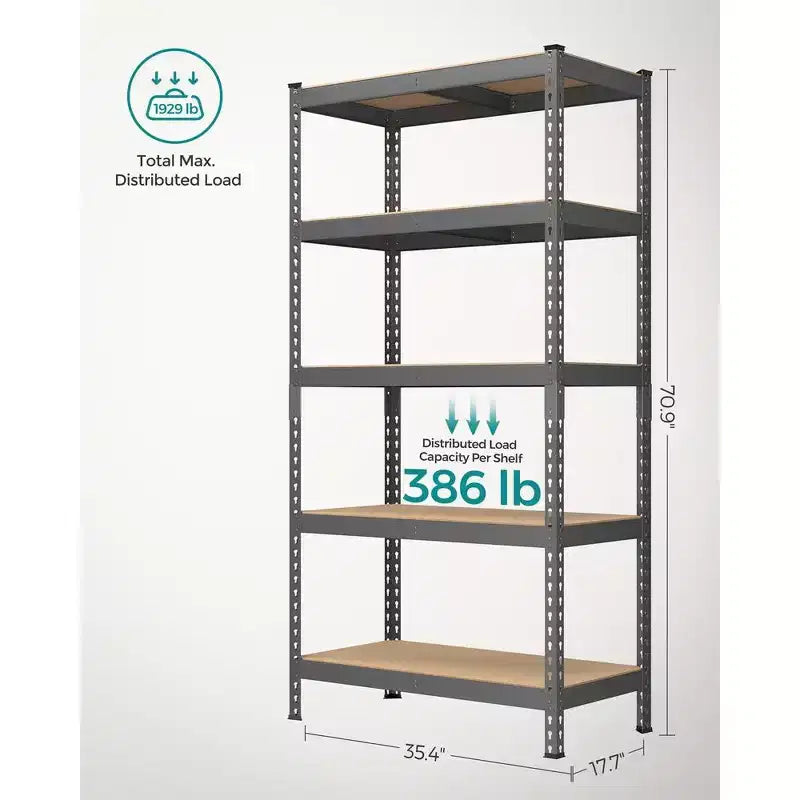 SONGMICS Scaffale Portaoggetti a 5 Ripiani, Scaffale per Garage, Montaggio Senza Bulloni, Scaffalatura Regolabile, Carico 875 kg, per Capannone Magazzino Cantina Cucina